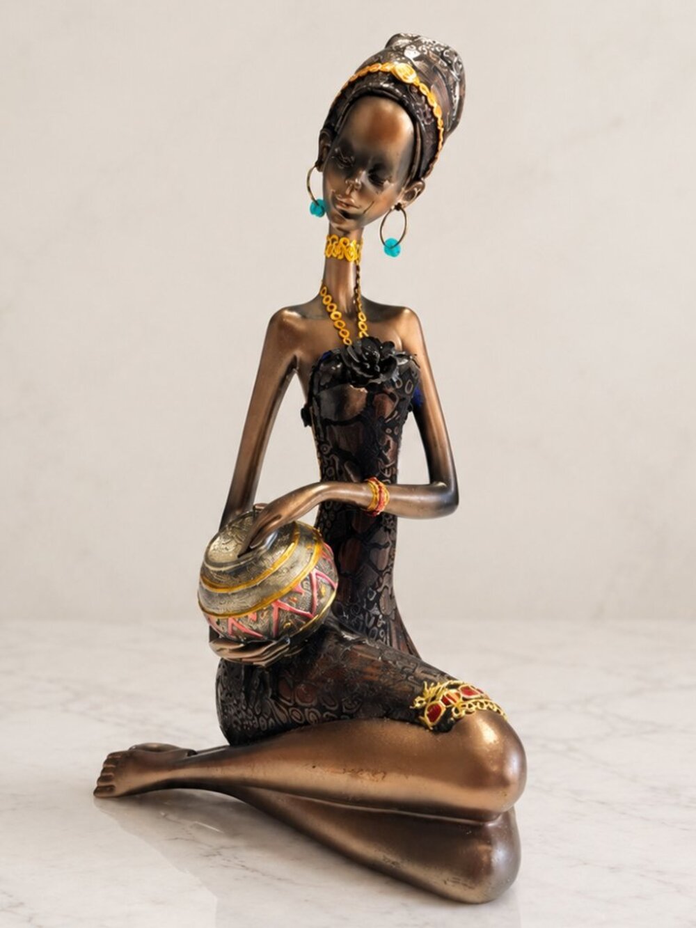 African Woman Figurine Hand Painted Tribal Culture Sculpture 10.5" Decor